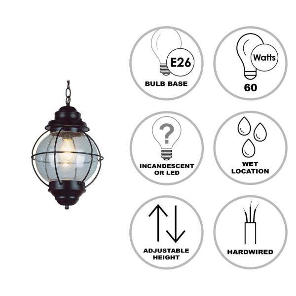 Catalina 10 in. 1-Light Black Outdoor Pendant Light with Seeded Glass