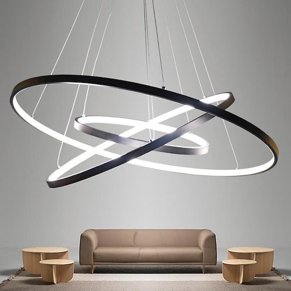 Modern 50-Watt 3-Light Tiered Integrated LED Black Rings Chandelier