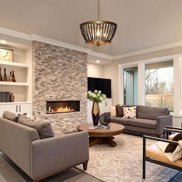 Modern Drum Dining Room Chandelier Light 3-Light Antique Gold Round Chandelier with Black Wooden Beads