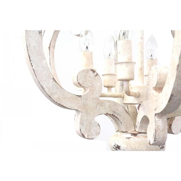 Voitto Cottage Chic Crown 6-Light Distressed White Wood Chandelier with Farmhouse Wooden Pendant