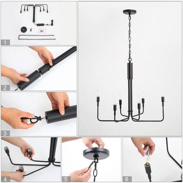 Modern Black Candlestick Oblong Chandelier Farmhouse Irregular Pendant Light 6-Light Transitional Hanging Ceiling Light