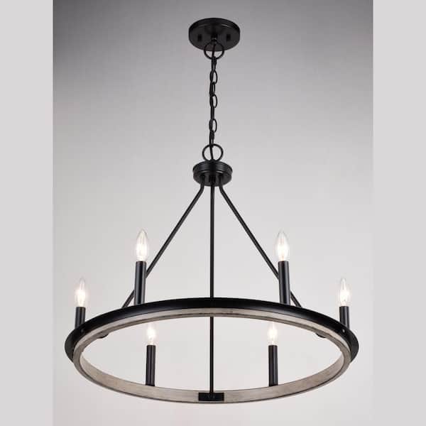 Russel 6-Light Matte Black and Weathered Gray Farmhouse Candle Wheel Chandelier