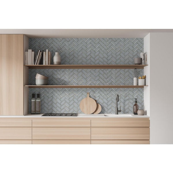 Ice Bevel Herringbone 13 in. x 11 in. Glossy Glass Mesh-Mounted Mosaic Tile (10.6 sq. ft. / case)