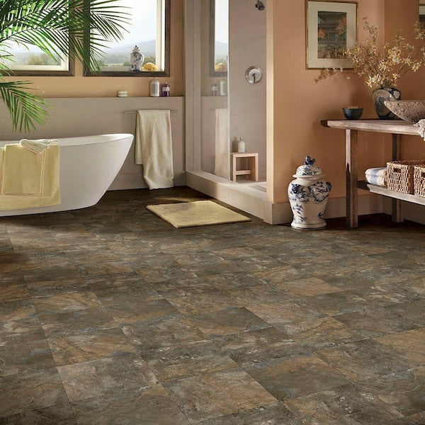 Dark Grey Slate 3 MIL x 12 in. W x 12 in. L Peel and Stick Water Resistant Vinyl Tile Flooring (30 sqft/case)