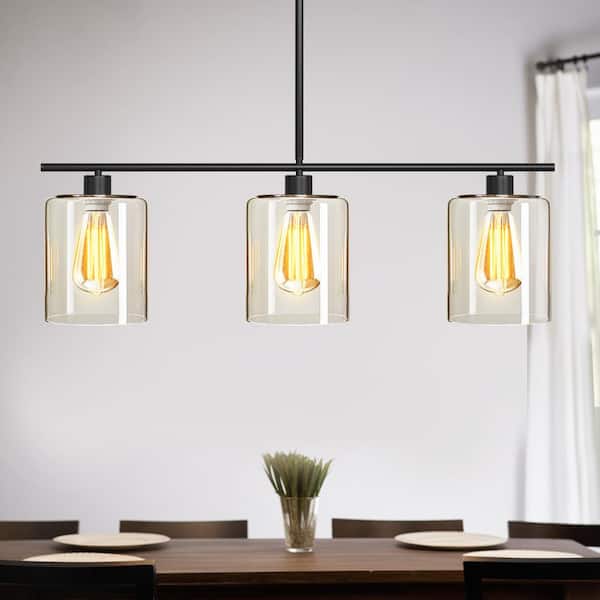 3-Light Black Simple Linear Hanging Light, Kitchen Island Pendant with Clear Glass Shades