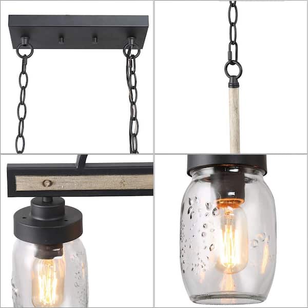 Modern Farmhouse Greyish Black 4-Light Linear Chandelier with Faux Wood Accent Island Pendant with Mason Jar Glass Shade