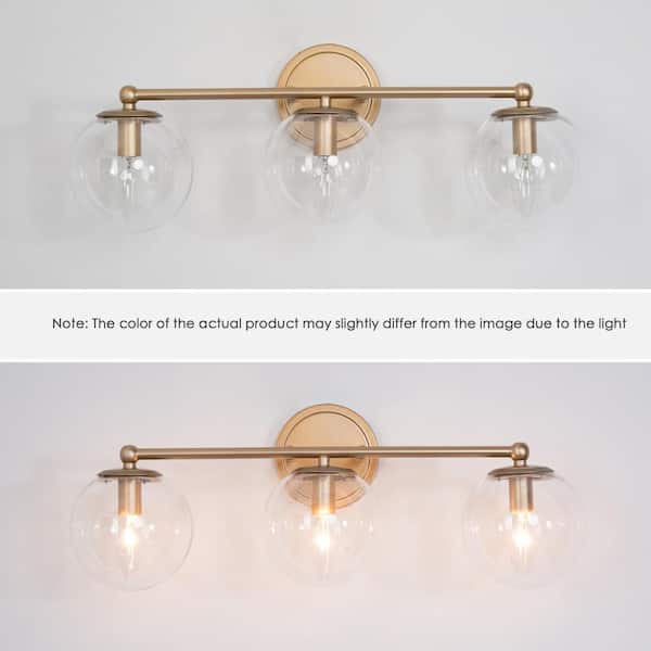 Mid-Century Modern Globe Bathroom Vanity Light 3-Light Brass Gold Round Wall Light with Clear Glass Shades
