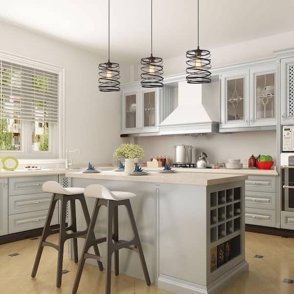 1-Light Industrial Farmhouse Bronze Pendant Geometric Lantern Cage Drum Island Pendant Light with Spiral Metal