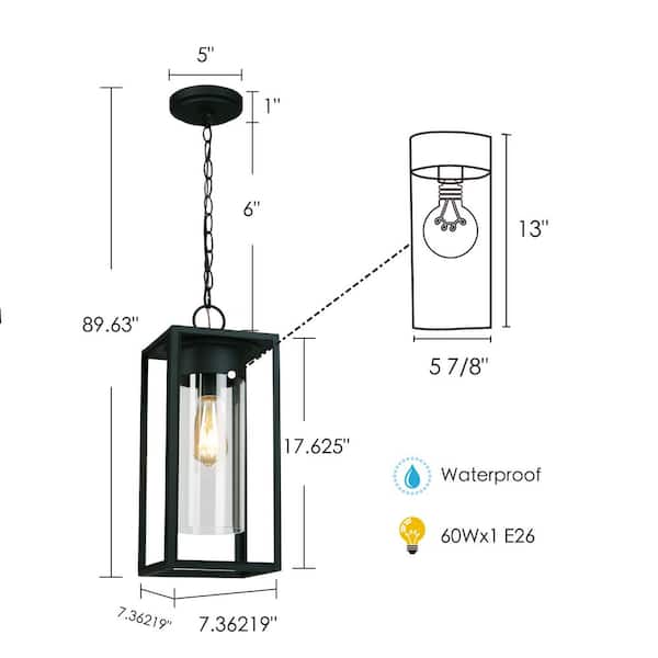 Walker Hill 7.36 in. W x 15 in H 1-Light Matte Black Transitional Outdoor Pendant Light with Clear Glass Shade