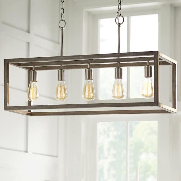 Boswell Quarter 5-Light Brushed Nickel With Weathered Wood Accents Coastal Linear Island Chandelier Bulbs Included