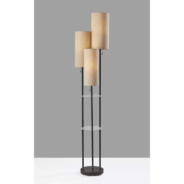 Trio 68 in. Black with Antique Brass Accents Shelf Floor Lamps