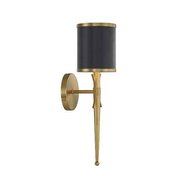Quincy 5.25 in. W x 18.5 in. H 1-Light Matte Black with Warm Brass Accents Wall Sconce with Metal Shade