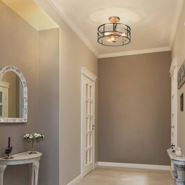 14 in. 3-Light Black Modern Semi-Flush Mount, Seeded Glass Dark Gold Ceiling Light, Farmhouse Open Cage Light Fixture