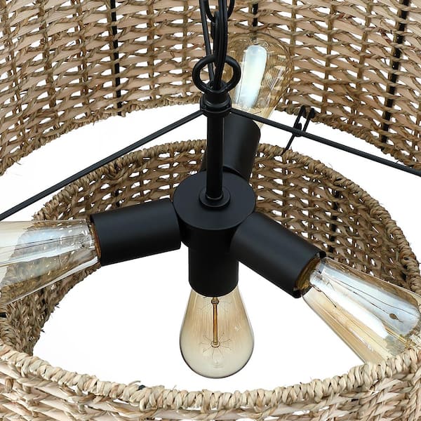 Seymour 20 in. 4-Light Black Canopy Natural Rattan Tiered Drum Pendant Chandelier Light