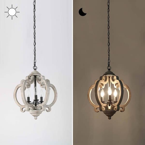 Globe Wood Chandelier Washed Gray Round Pendant 3-Light Farmhouse Candlestick Chandelier Rustic Hanging Lantern