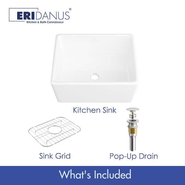 Denbigh Crisp White Ceramic 21 in. Single Bowl Farmhouse Apron Kitchen Sink with Bottom Grid and Pop-up Drain