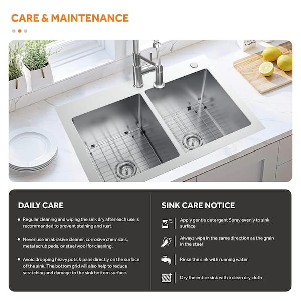 AIO Tight Radius Drop-In/Undermount 18G Stainless Steel 33 in. 50/50 Double Bowl Kitchen Sink with Spring Neck Faucet