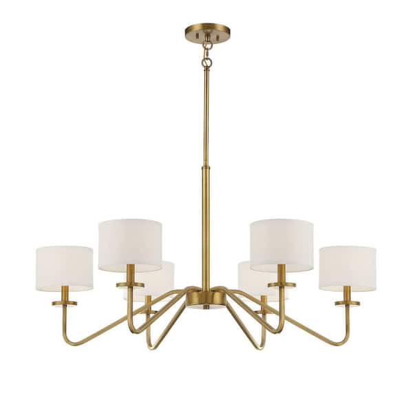 Meridian 42 in. W x 18 in. H 6-Light Natural Brass Chandelier with White Fabric Shades