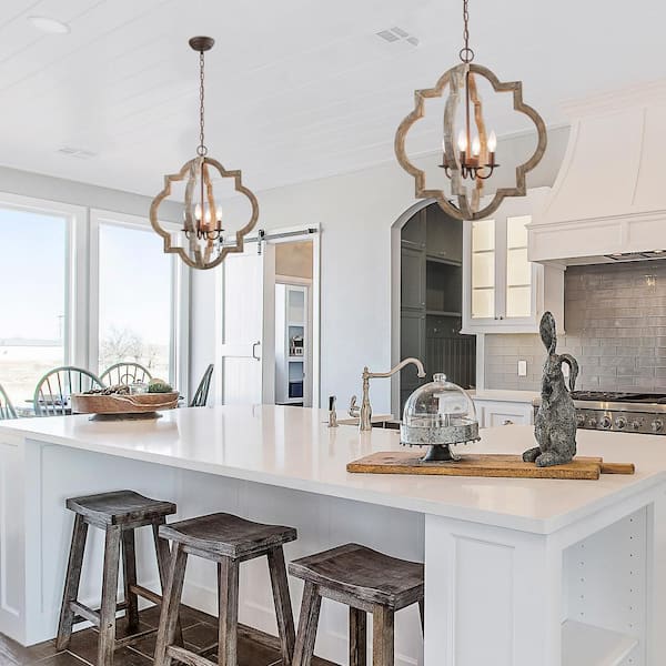 Modern Farmhouse Cage Chandelier Bronze 4-Light Island Candlestick Chandelier Rust Proof Weathered Wood Pendant Light