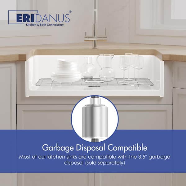 Denbigh Crisp White Fireclay 33 in. Single Bowl Farmhouse Apron Kitchen Sink with Bottom Grid and Basket Strainer