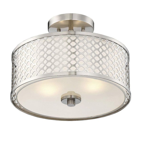 Meridian 13 in. W x 10 in. H 2-Light Brushed Nickel Semi-Flush Mount with White Fabric Shade and Geometric Metal Frame