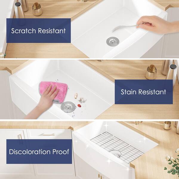Denbigh Crisp White Fireclay 33 in. Single Bowl Farmhouse Apron Kitchen Sink with Bottom Grid and Basket Strainer
