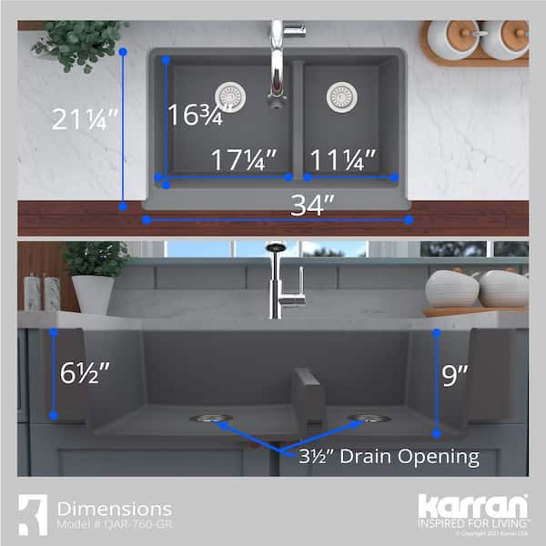 QAR-760 Quartz/Granite 34 in. Double Bowl 60/40 Retrofit Farmhouse/Apron Front Kitchen Sink in Grey w/ Grid and Strainer