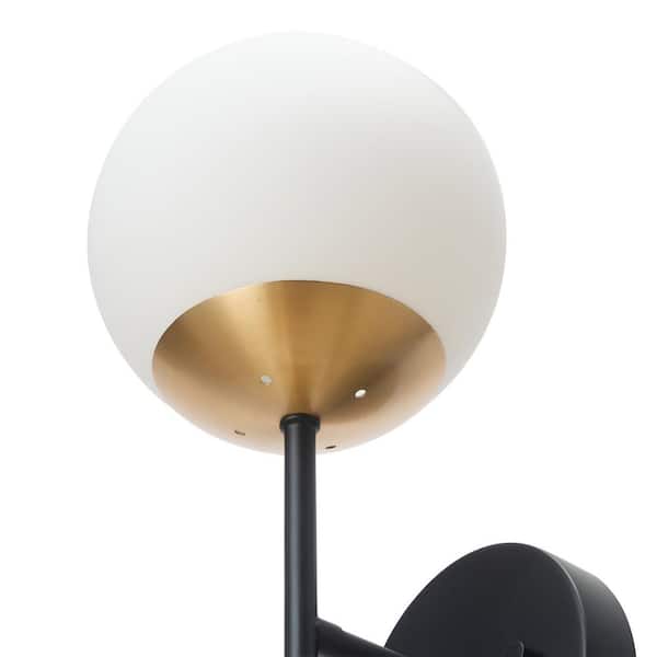 Celestia 2-Light Matte Black Wall Sconce with Antique Brass Socket and Matte Opal Glass Shades