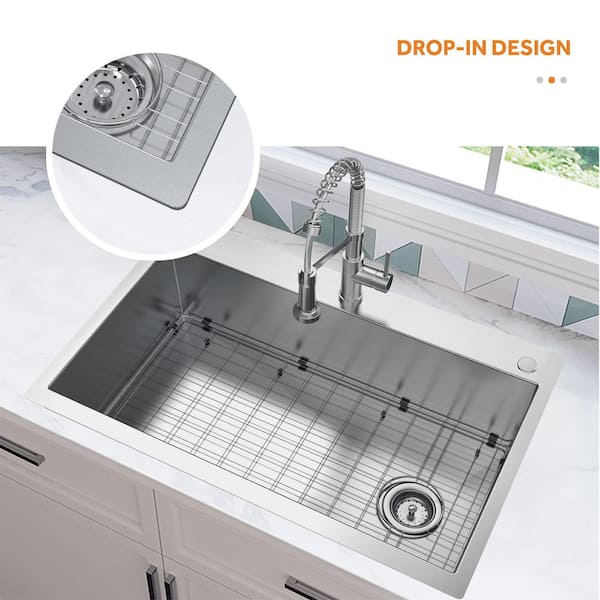 Professional 36 in. All in One Drop-In 16G Stainless Steel 2-Hole Single Bowl Kitchen Sink with Spring Neck Faucet