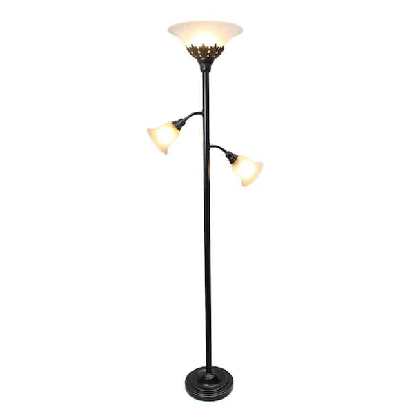 71 in. Restoration Bronze Torchiere Floor Lamp with 2 Reading Lights and White Scalloped Glass Shades