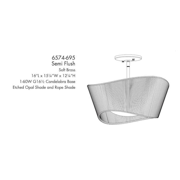 Key Largo 16 in. 1-Light Soft Brass Semi-Flush Mount with Etched Opal Glass and Natural Rope Shade