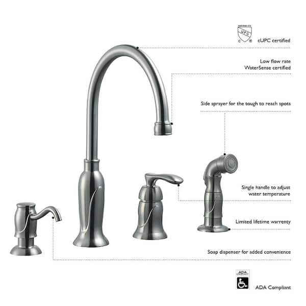 Madison Single-Handle Standard Kitchen Faucet with Side Sprayer with Soap Dispenser in Satin Nickel
