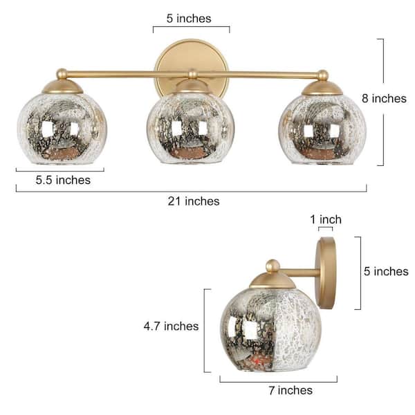 21 in. 3-Light Modern Gold Bathroom Vanity Light, Globe Mercury Glass Bath Lighting, Powder Room Bath Vanity Light