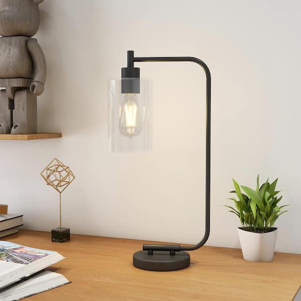19 in. 1-Light Matte Black Table Lamp with Clear Glass Shade