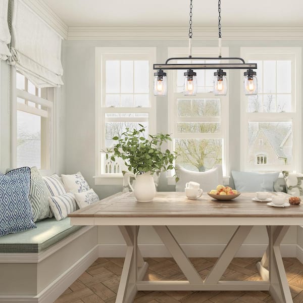 Modern Farmhouse Greyish Black 4-Light Linear Chandelier with Faux Wood Accent Island Pendant with Mason Jar Glass Shade