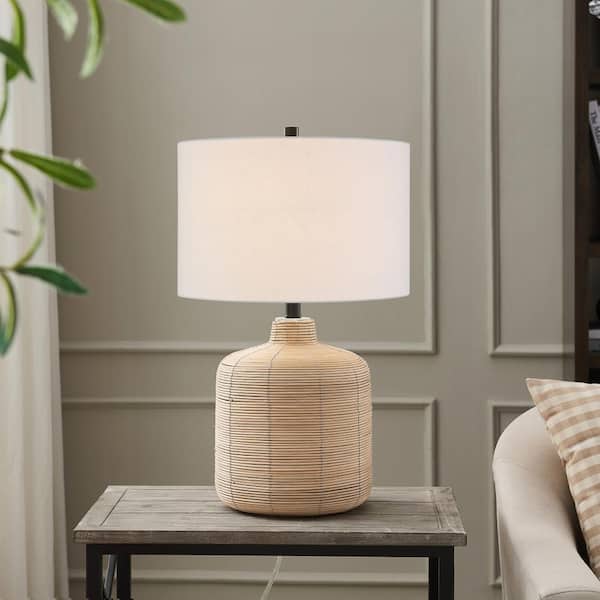 Jolina 20.5 in. Natural Rattan Petite Table Lamp with Brass Accents