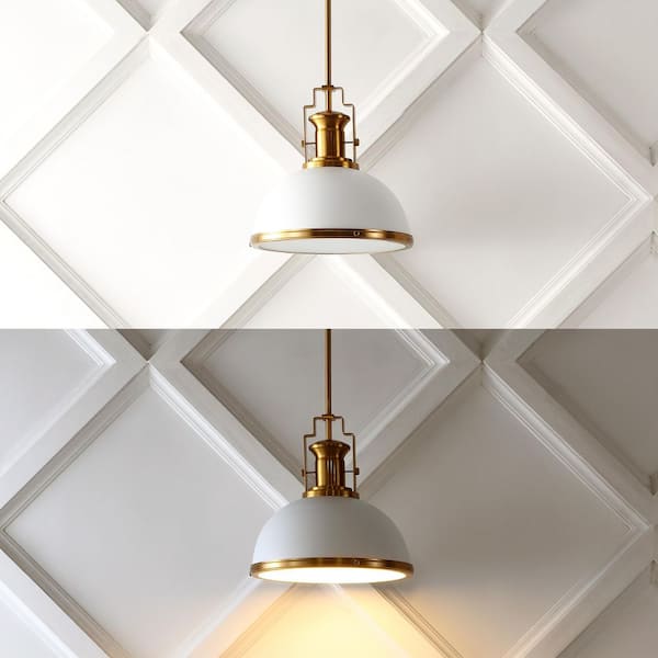 Homer 13 in. 1-Light Brass Gold/White Modern Industrial Iron LED Dome Globe Pendant