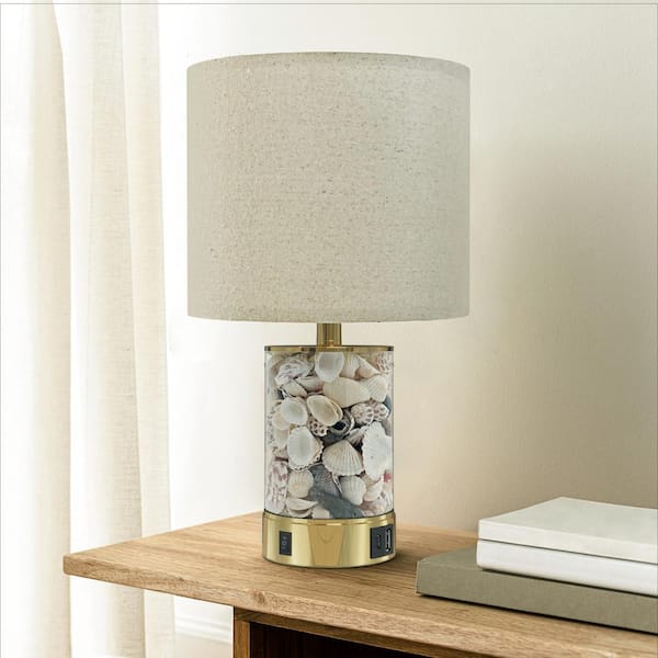 19 in. Gold Table Lamp with Seashell and Night Lights