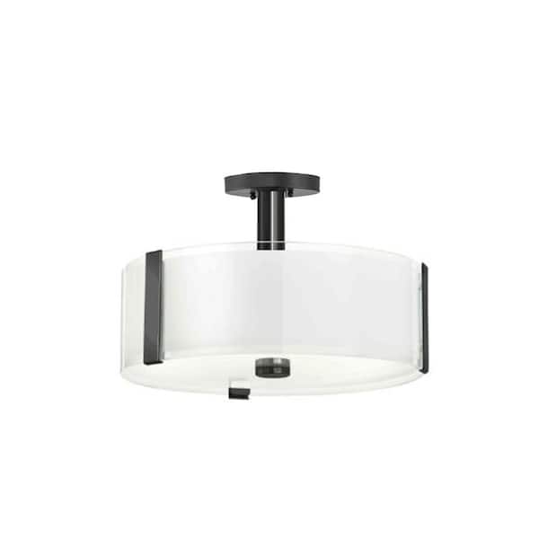 Bourland 14 in. 3-Light Black Semi-Flush Mount Ceiling Light Fixture with White and Clear Glass Double Shade