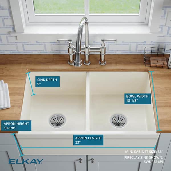 White Fireclay 33 in. Double Bowl Farmhouse Apron Kitchen Sink Kit