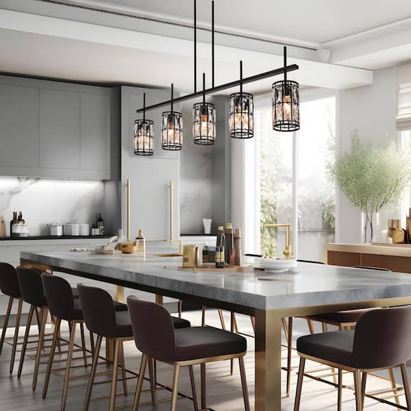 Modern 45.3 in. 5-Light Flat Black Linear Chandelier with Glam Crystal Glass Drum Shades for Kitchen Island Pendant