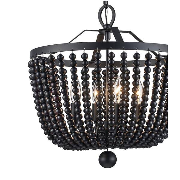 4-Light Black Beaded Chandelier Light Fixture with Hanging Beaded Shade