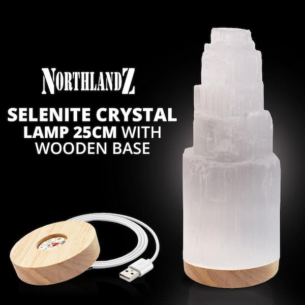 Selenite Crystal Lamp 25cm, Wooden Base LED Light Moroccan Meditation Tower Lamp Night Light, Healing Crystals, Pack 1