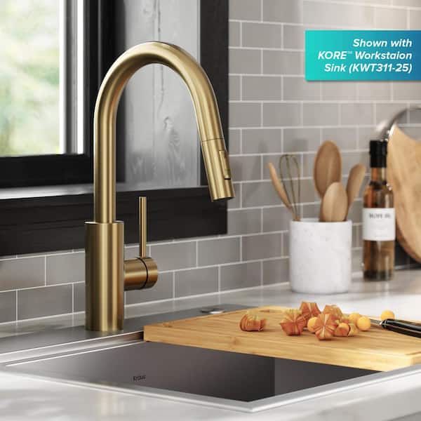 Oletto Single Handle Pull Down Sprayer Kitchen Faucet in Spot Free Antique Champagne Bronze
