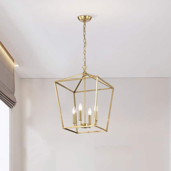 Renzo 4-Light 16 in. Gold Caged Lantern Modern Pendant
