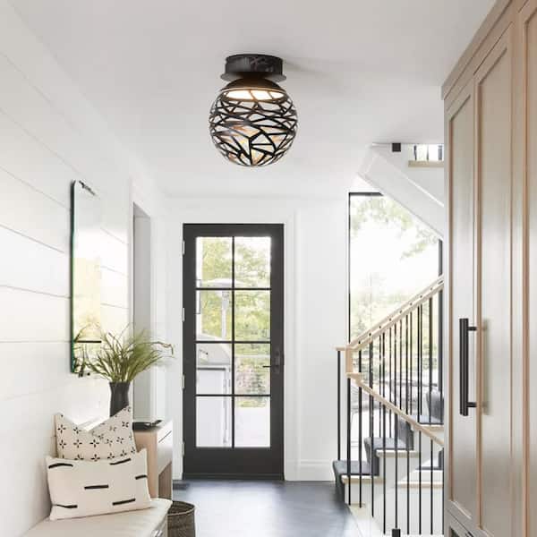 8 in. 12-Watt Globe Black Integrated LED Flush Mount with Metal Lampshade