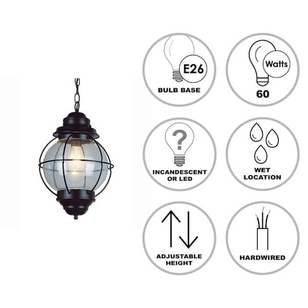 Catalina 9 in. 1-Light Black Hanging Outdoor Pendant Light with Seeded Glass