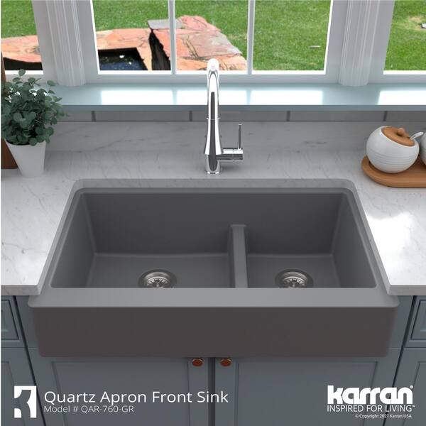QAR-760 Quartz/Granite 34 in. Double Bowl 60/40 Retrofit Farmhouse/Apron Front Kitchen Sink in Grey w/ Grid and Strainer