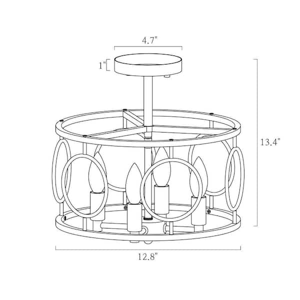 Modern Farmhouse Semi-Flush Mount, 12.8 in. 4-Light Black and Gold Drum Ceiling Light