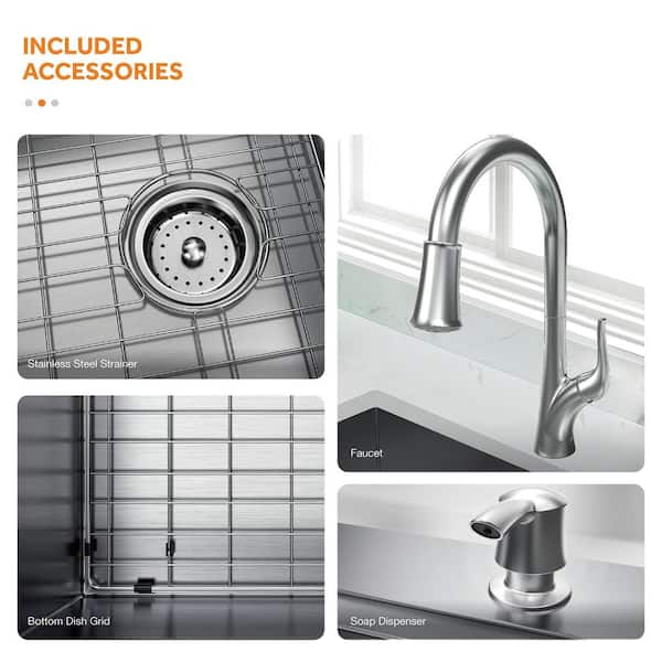 AIO Dolancourt Tight Radius Drop-In/Undermount 18G Stainless Steel 33 in. Single Bowl Kitchen Sink with Pull-Down Faucet